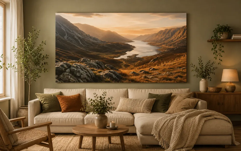 A large panoramic canvas of a Highland glen and loch at sunset hanging above a cream corner sofa in an earthy-toned living room