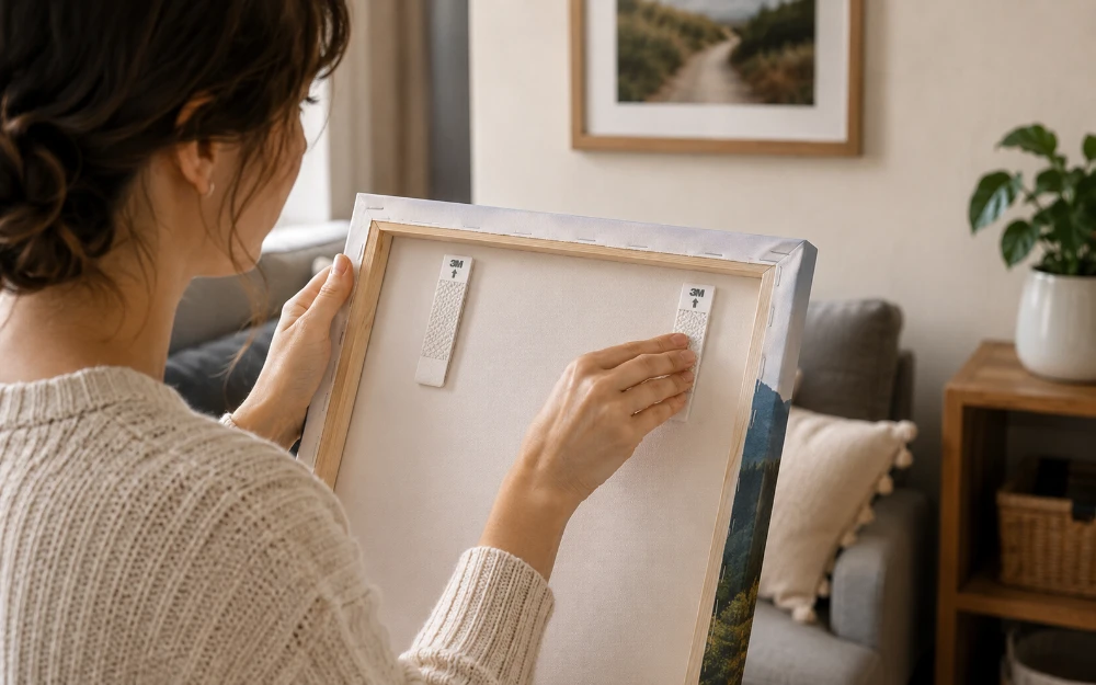 A woman attaching 3M adhesive picture-hanging strips to the back of a gallery-wrapped canvas, with a framed print on the wall behind