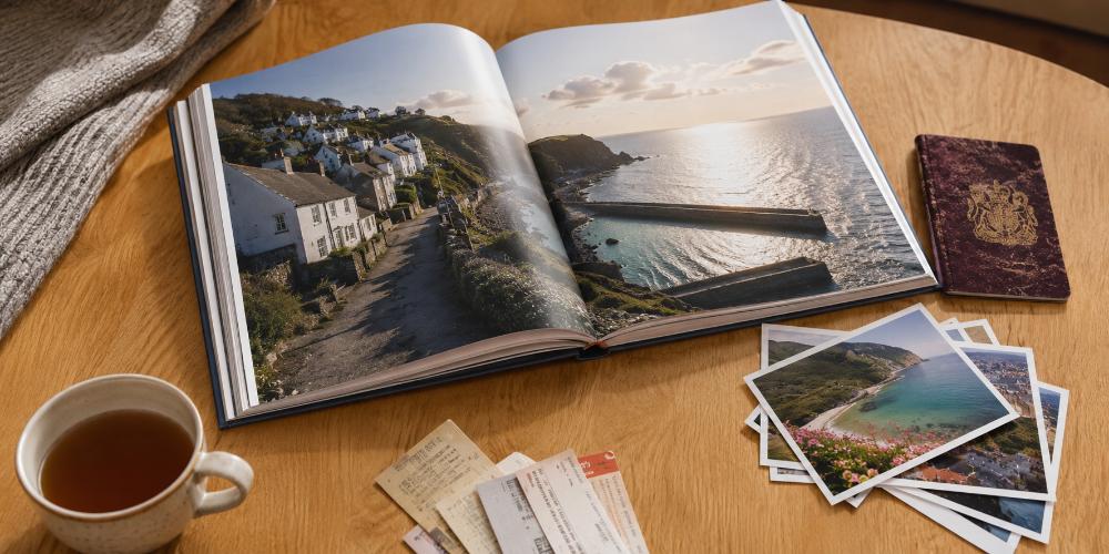 Open travel photo book displaying double-page spread of holiday photographs