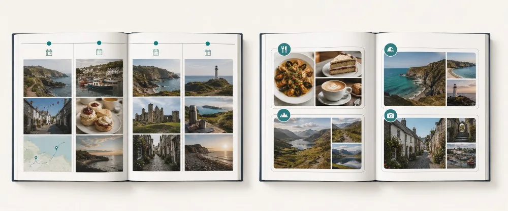 Flat-lay of photo book pages with a chronological holiday layout and map spread