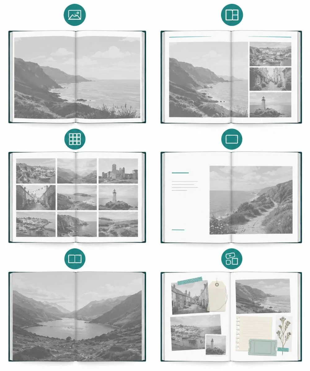 Collage page of travel mementos including tickets and postcards in a photo book