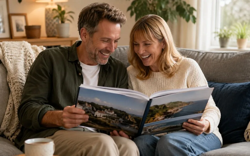 Travel photo book displayed on a shelf next to framed holiday prints
