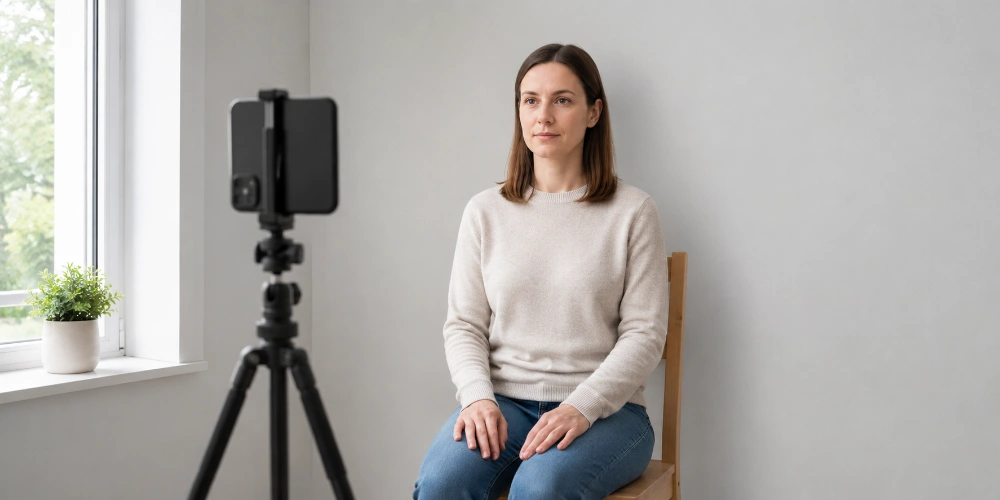 Woman sitting against a plain wall while a phone on a tripod photographs her by a window