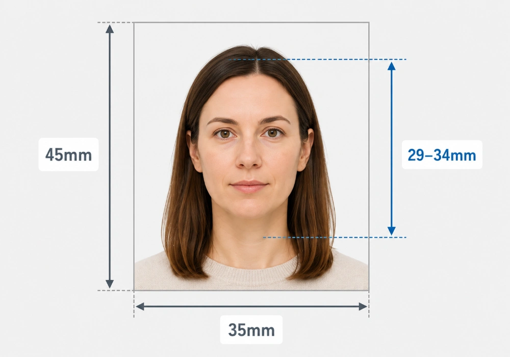 UK passport photo dimensions diagram showing 45mm by 35mm size and 29 to 34mm head height
