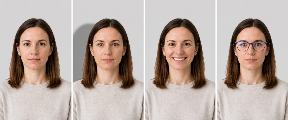 Four passport photo examples comparing a neutral face, a background shadow, a smile and glasses glare