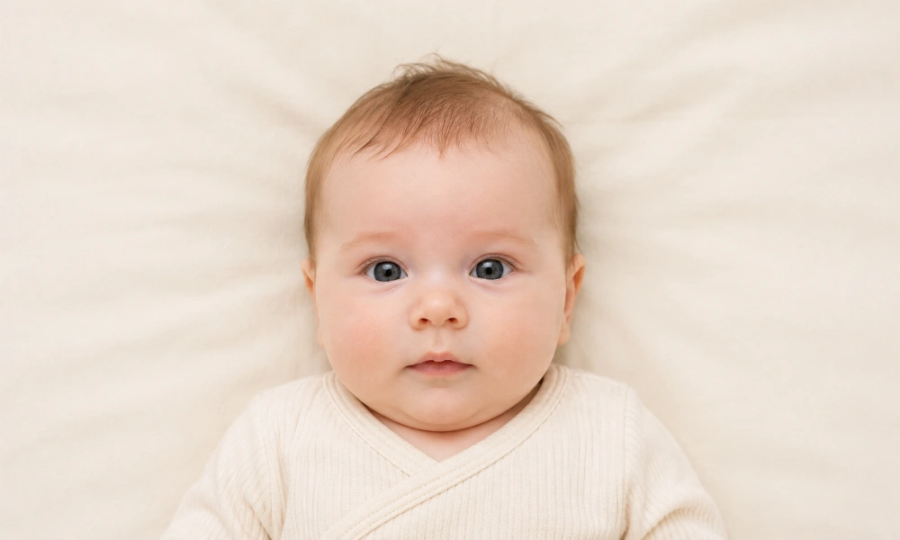 Baby lying on a plain cream sheet photographed from above for a passport photo