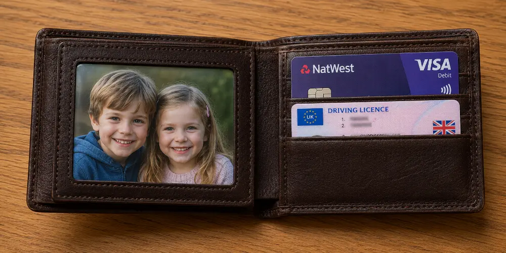 Open leather wallet showing a photo of two children beside a bank card and driving licence