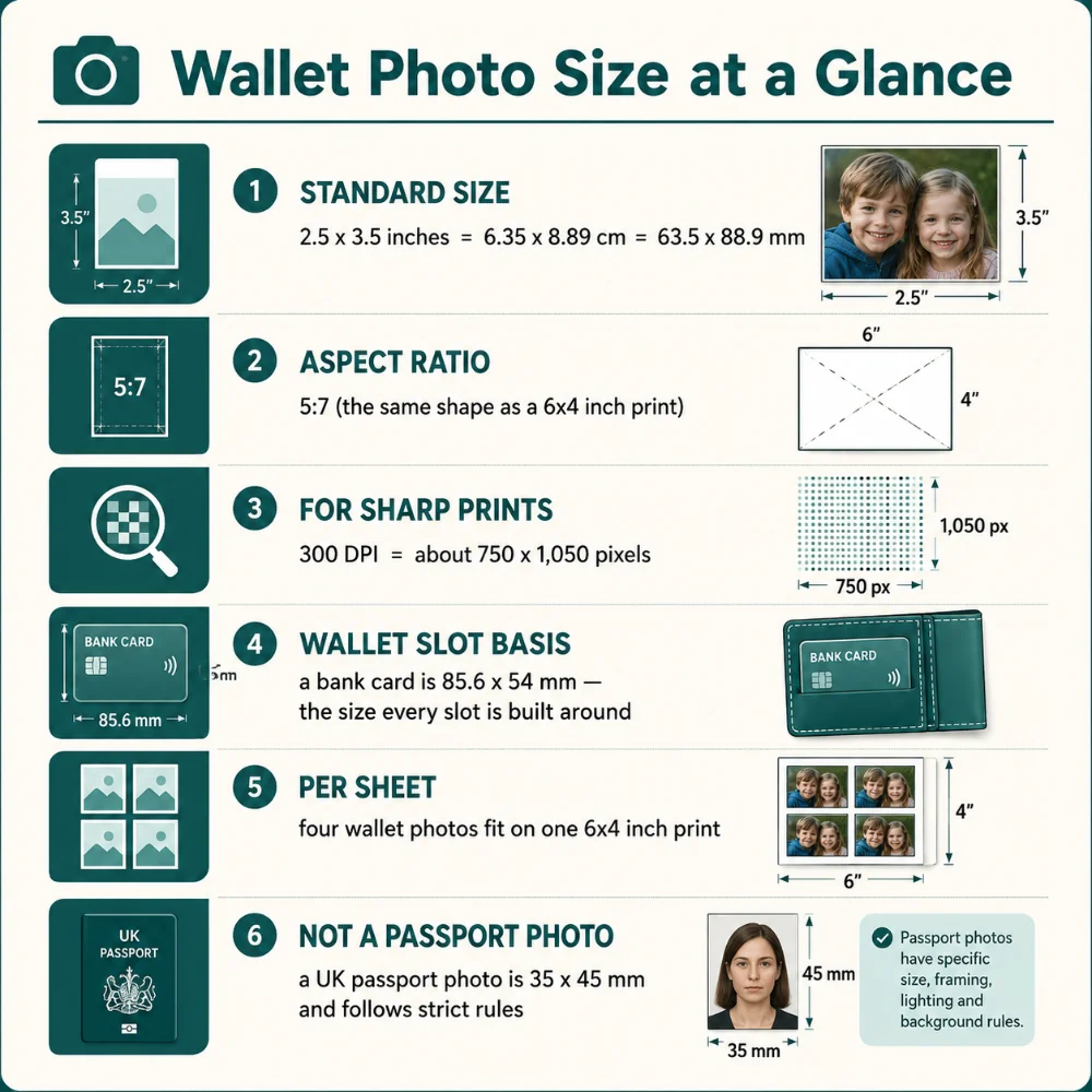 Wallet photo size at a glance infographic with six key facts