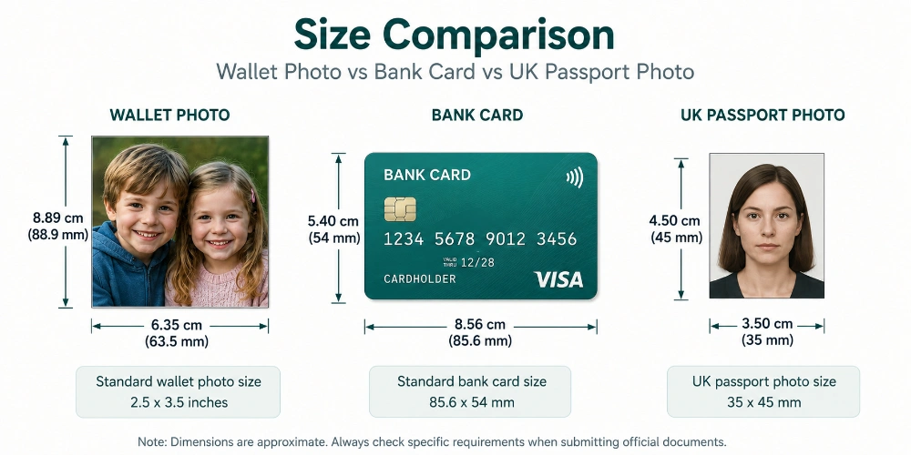 Size comparison of a wallet photo, a bank card and a UK passport photo