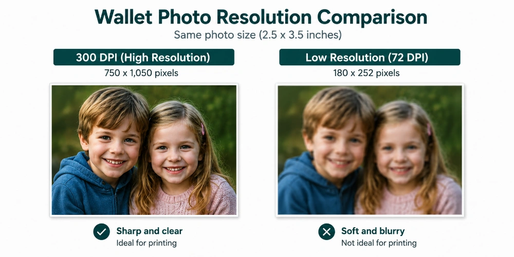 Wallet photo at 300 DPI shown sharp versus blurry at low resolution