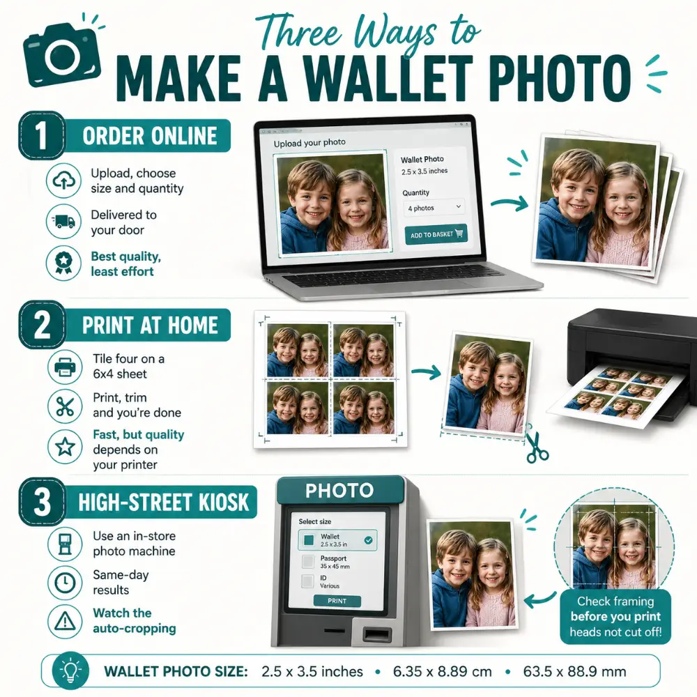 Three ways to make a wallet photo — order online, print at home, or kiosk