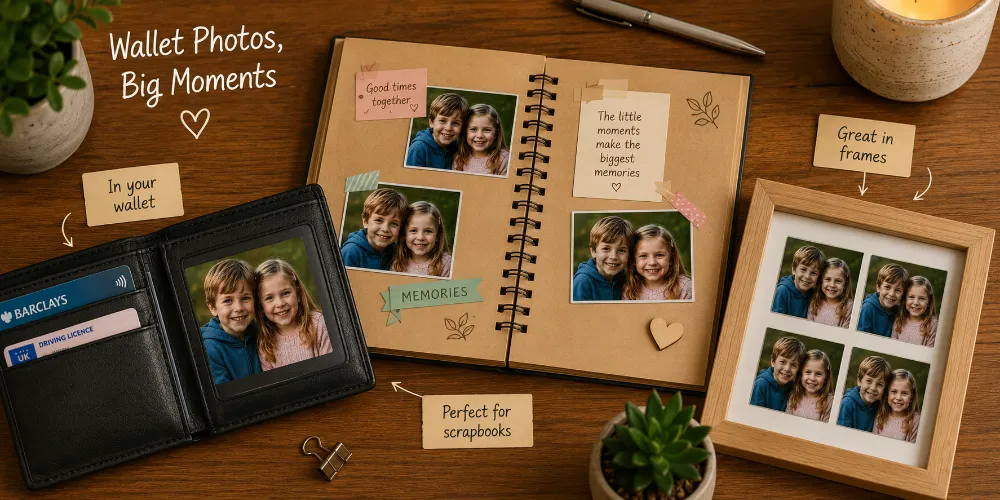 Wallet photos shown in a wallet, a scrapbook and a photo frame
