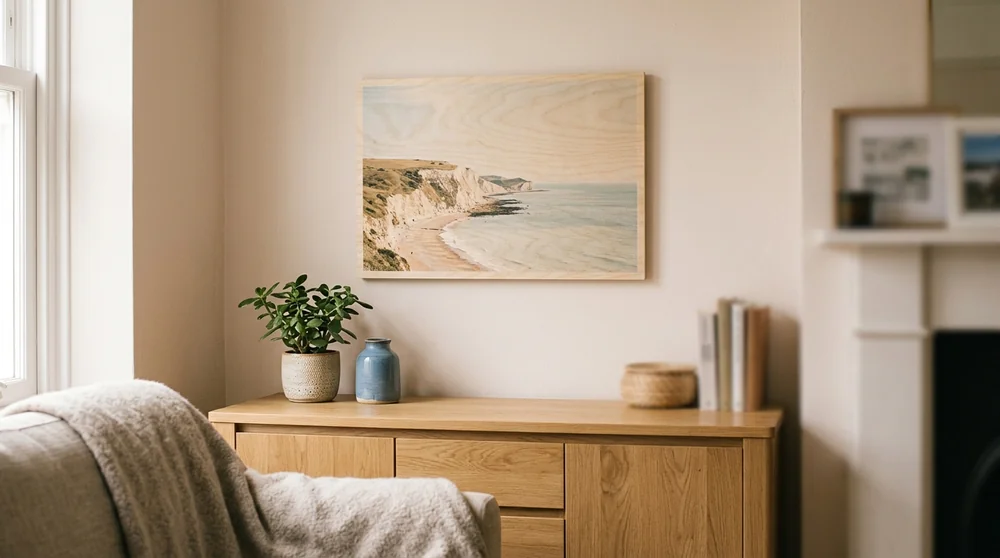 A personalised photo printed directly onto a wooden panel, grain showing through the light areas