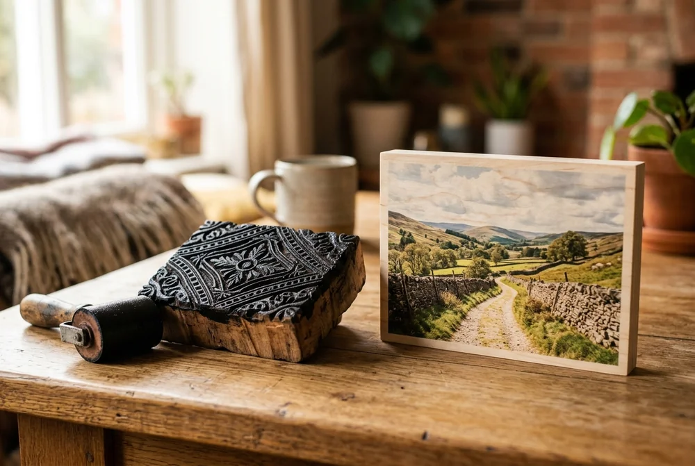 A modern wood photo print beside a traditional carved woodblock, showing the two meanings