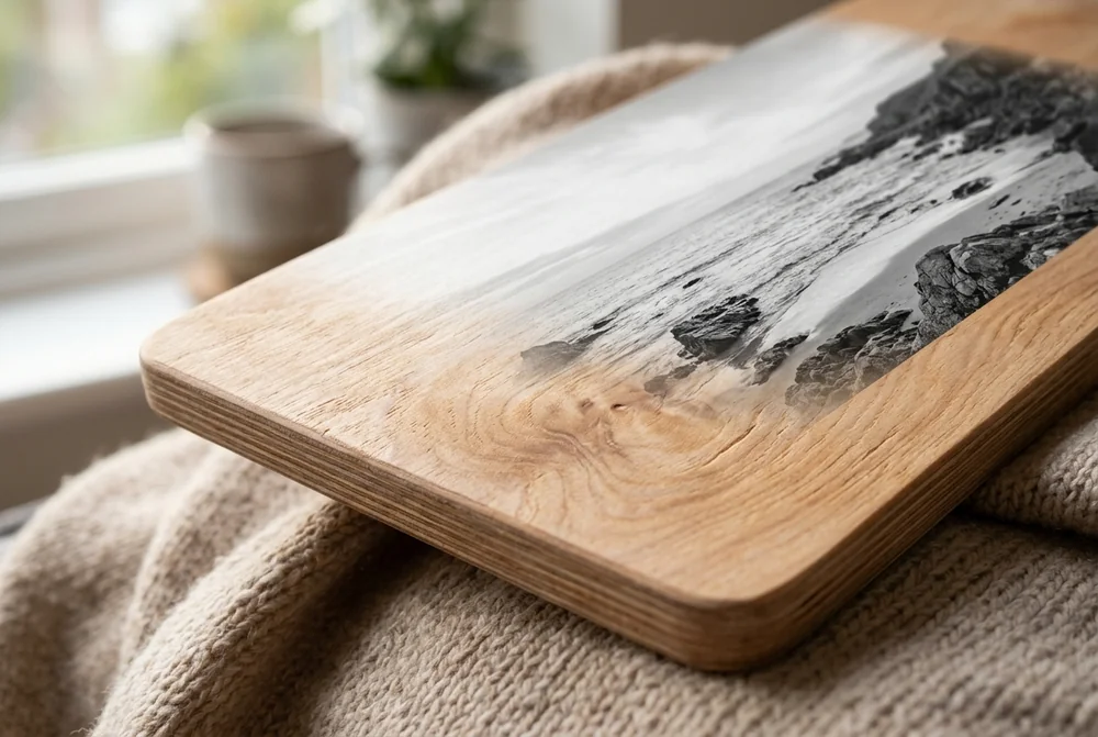 Close-up of a wood print where the timber grain shows through the pale sky of the photo