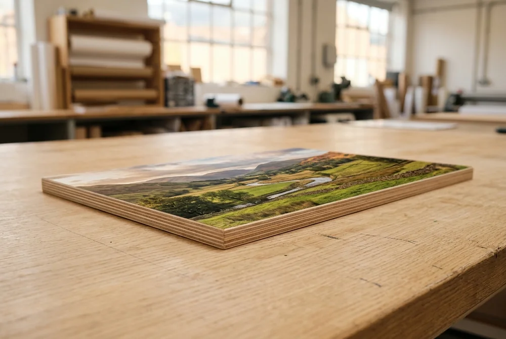 A DIY photo transfer onto sanded timber showing the patchy, handmade craft finish