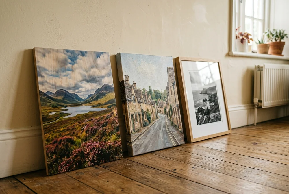 A 60x40cm wood print hanging above a sideboard next to a canvas of similar size