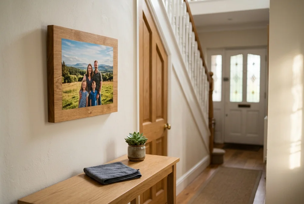 A warm-toned wood print hanging opposite a window with no glare on its matte surface