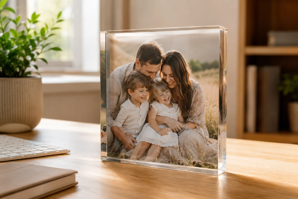 A crystal-clear acrylic photo block standing freely on a desk with no frame or stand