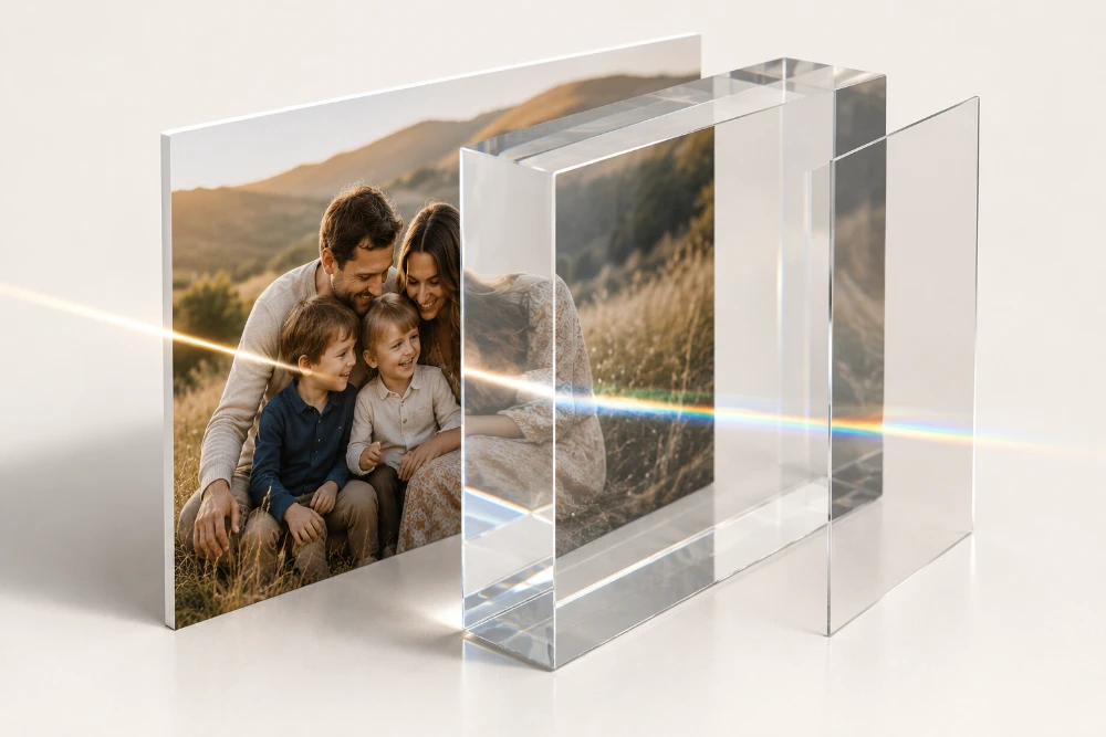 Close-up of a diamond-polished 25mm acrylic photo block edge showing glass-like clarity