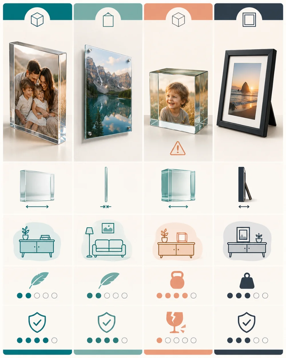An acrylic photo block, acrylic print, glass block and photo frame compared side by side