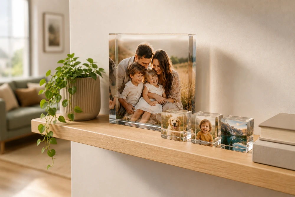 An acrylic photo block styled on a mantelpiece beside a candle and vase in a UK living room