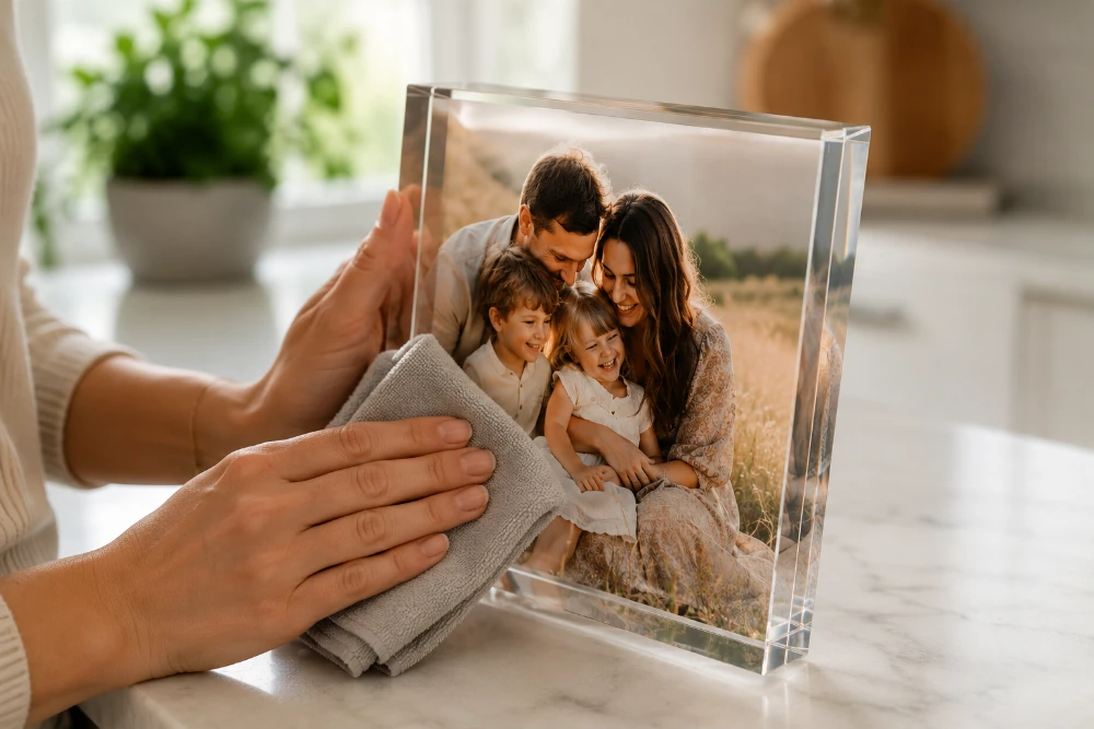 Cleaning an acrylic photo block with a soft microfibre cloth to avoid scratching the surface