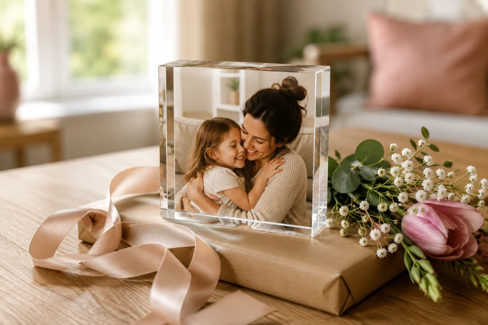 An acrylic photo block of a new baby photo given as a gift on a bedside table