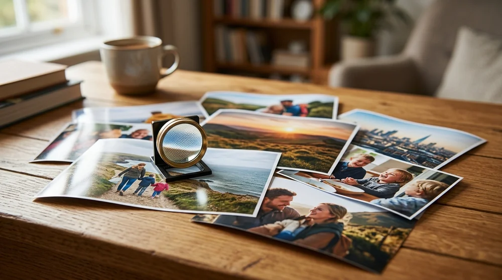 Family photo prints spread across a wooden table with a brass magnifying loupe standing on top of them