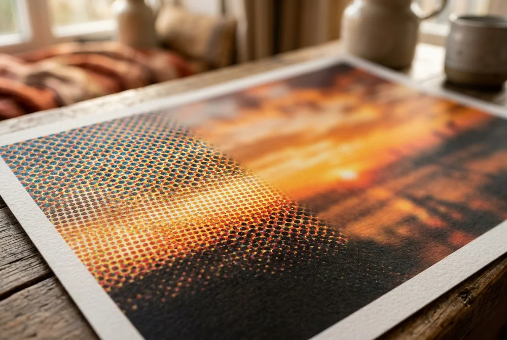 Close-up of a sunset photo print showing individual halftone ink dots on the left and smooth continuous detail on the right