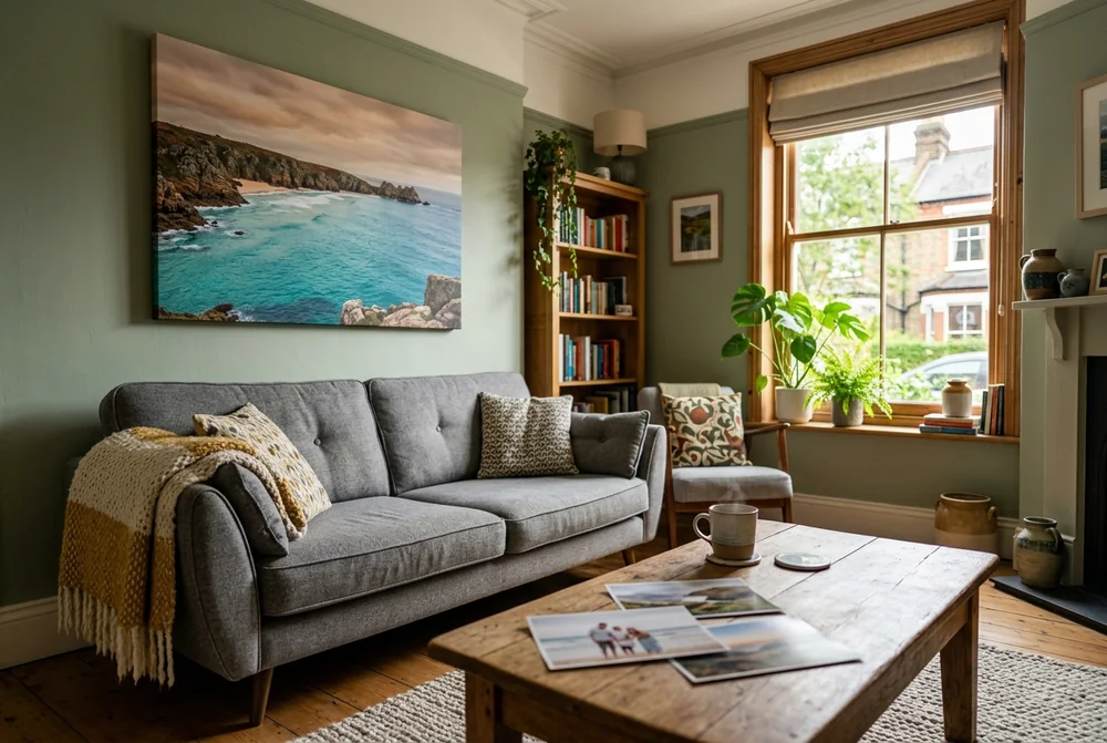 A large coastal canvas print hanging above a grey sofa in a green-painted UK living room