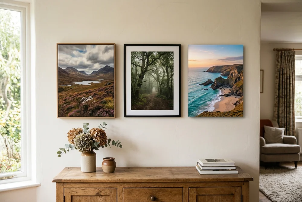 A framed moorland poster, a framed woodland print and a coastal canvas hung in a row above a wooden sideboard