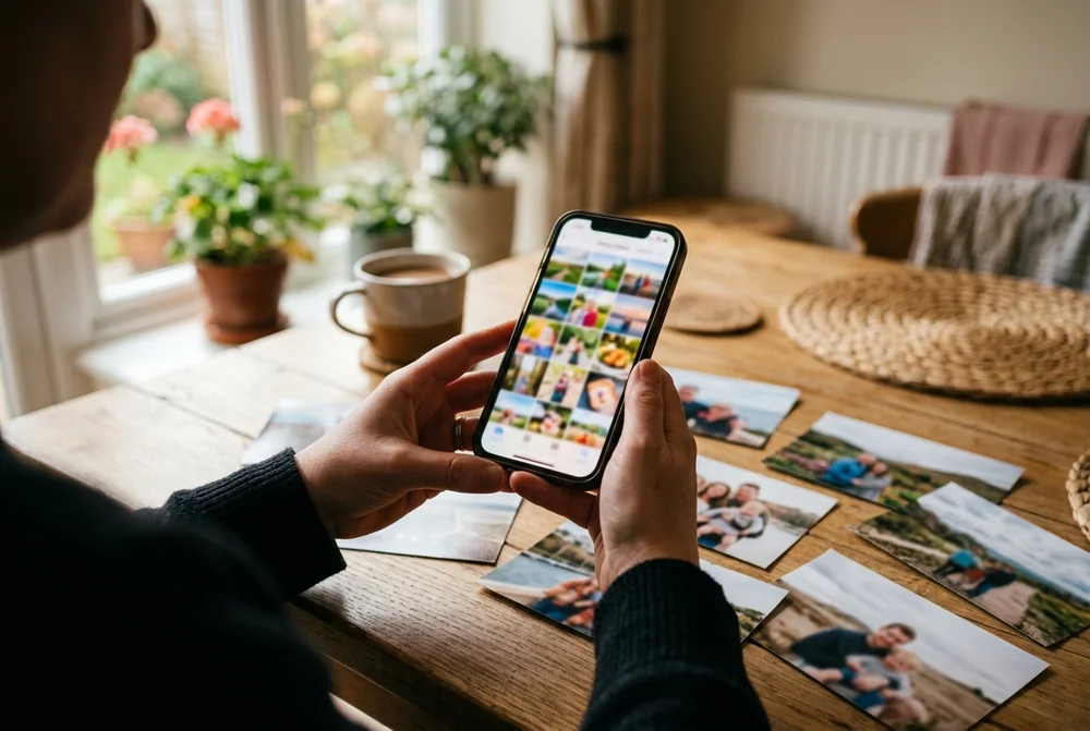 Someone checking a photo's pixel dimensions in their phone gallery, with printed photos laid out on the table