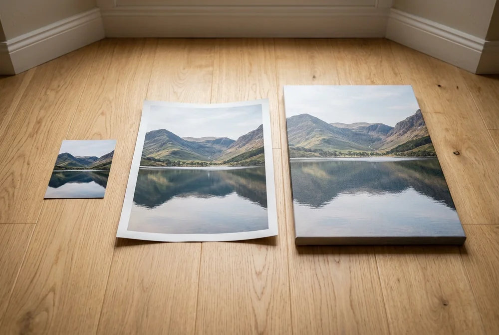 The same lake photo printed three ways — a small photo print, a large poster and a stretched canvas — on a wooden floor