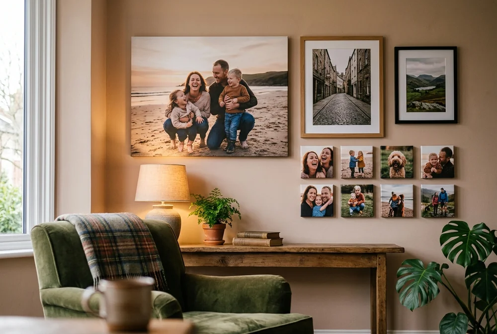 A living-room gallery wall combining a large family canvas, two framed prints and eight small photo tiles