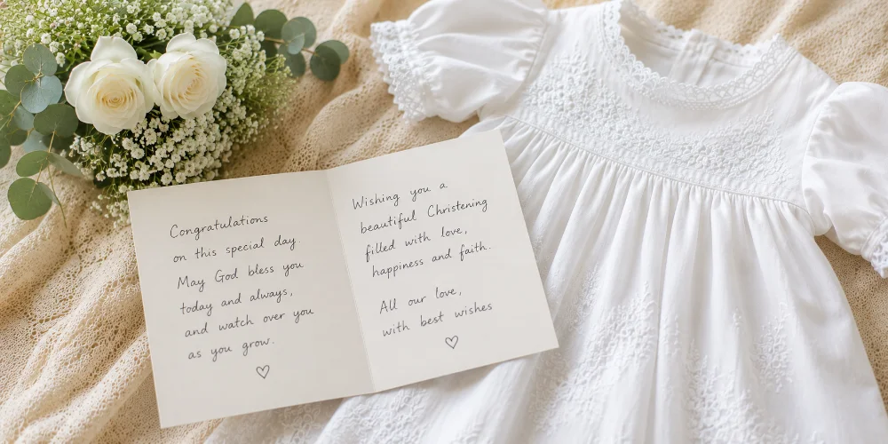 Open christening card with a handwritten blessing beside white roses and a baby's white christening gown