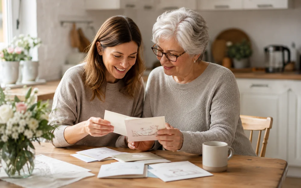 Two women reading a christening card together at a kitchen table with more cards spread out
