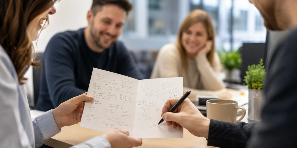 Colleagues smiling around a table as a leaving card full of handwritten messages is signed