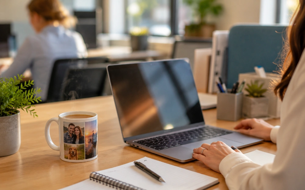 Personalised photo collage mug on an office desk beside a laptop