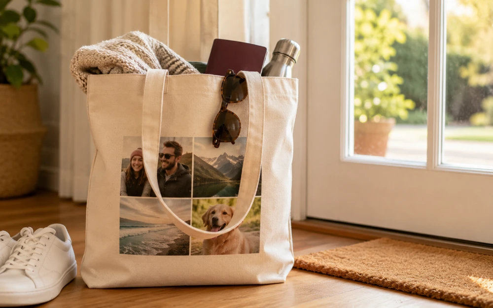 Personalised photo collage tote bag packed for travel by a sunlit front door