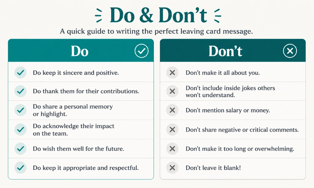 Do and Don't infographic for writing the perfect leaving card message