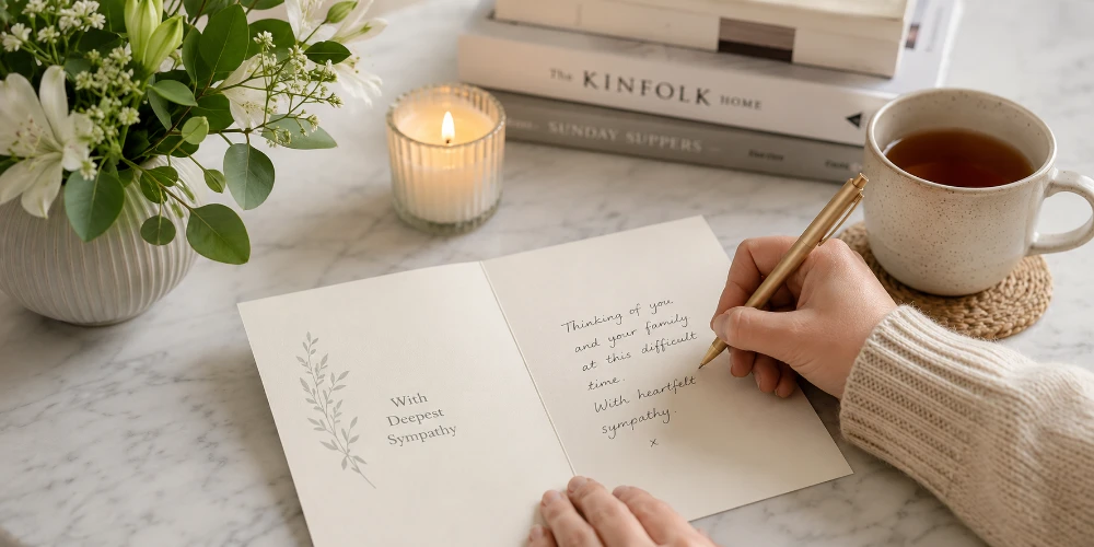 Blank cream sympathy card standing upright beside white lilies and roses, a lit candle and a mug