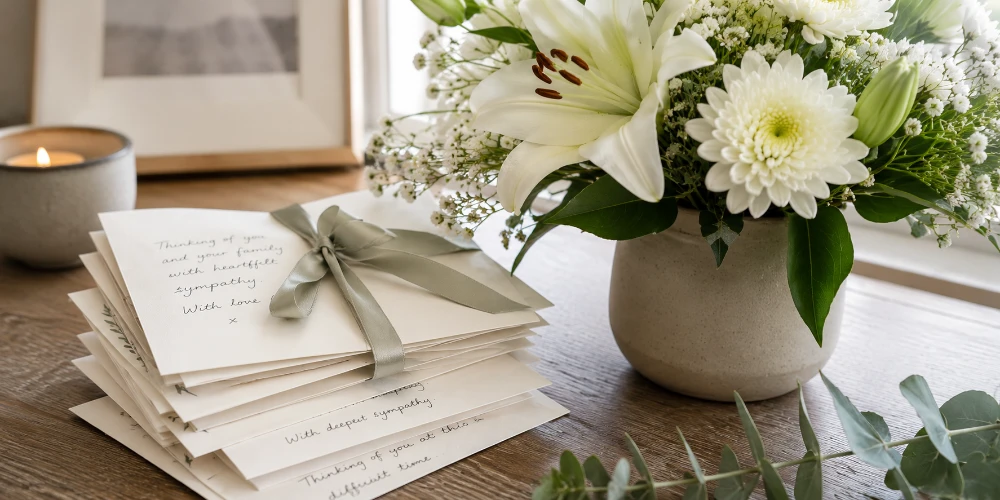 Four-step structure for writing a sympathy card message infographic — acknowledge, remember, support and sign off