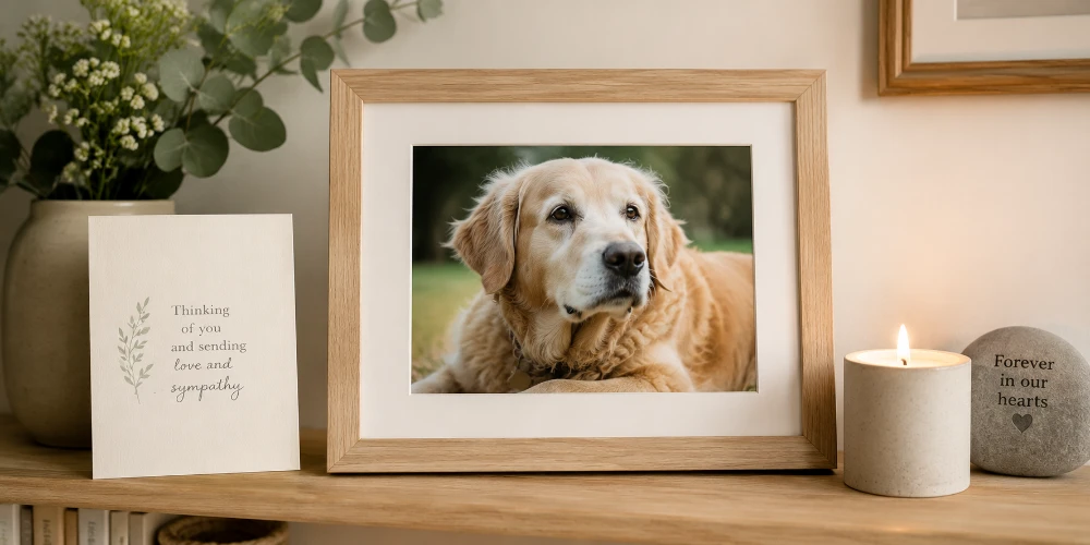 Framed photo of a golden retriever beside a pet sympathy card, candle and Forever in our hearts keepsake pebble