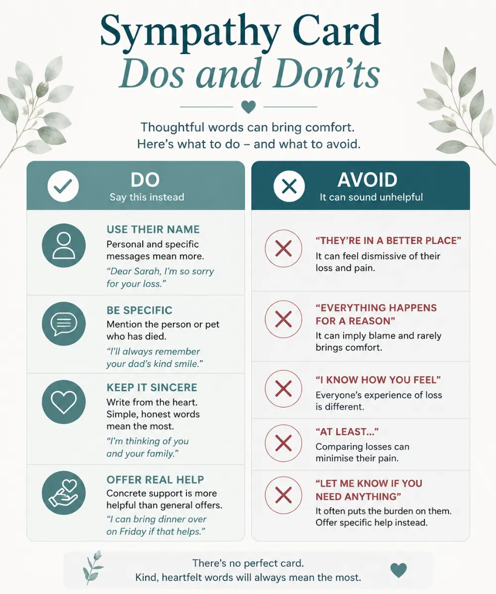 Sympathy card dos and don'ts infographic listing what to write and clichéd phrases to avoid