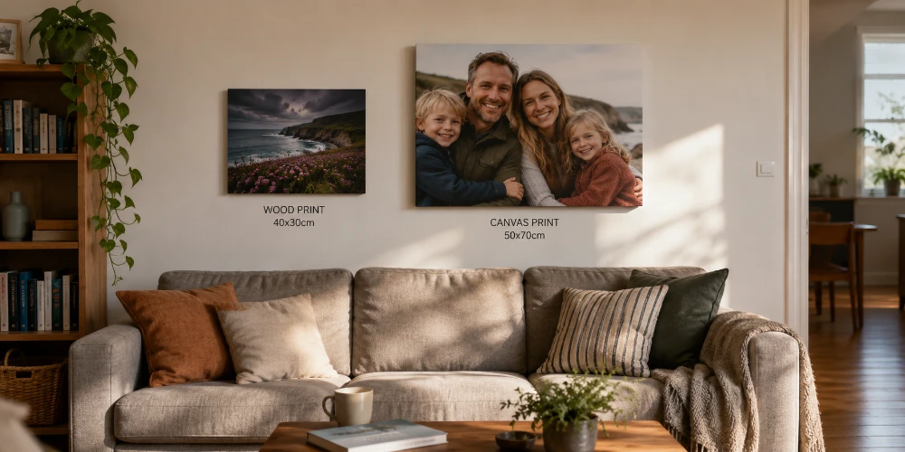 A small 40x30cm wood print of a moody coastal landscape hanging beside a larger 50x70cm canvas print of a coastal family portrait above a beige living-room sofa