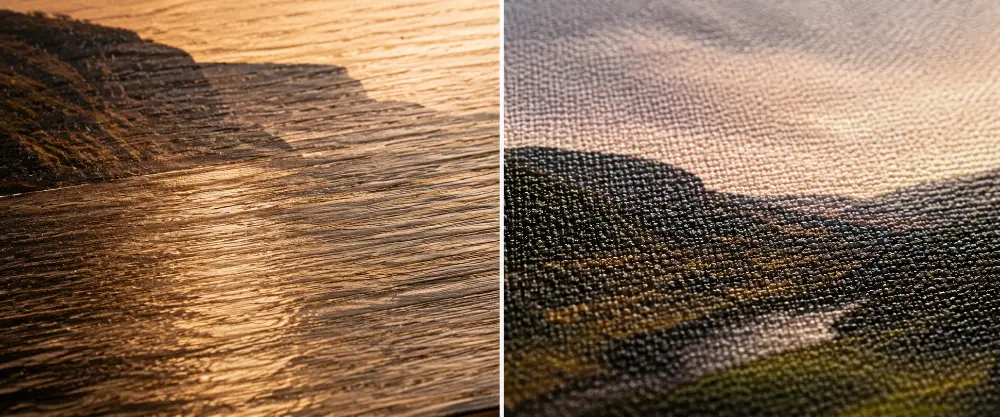 A split-screen close-up comparing surfaces — the smooth grain of a wood print on the left against the woven, matte texture of a canvas print on the right