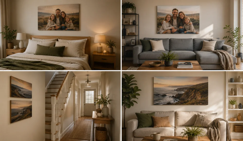 Four room settings showing wood and canvas prints in use — a family portrait above a bed, a large family canvas above a sofa, two coastal wood prints climbing a staircase, and a coastal landscape above a living-room sofa