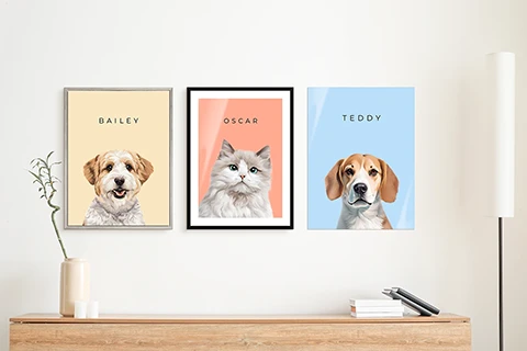 custom pet portraits on a wall