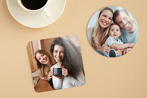 photo coasters in square and round shapes